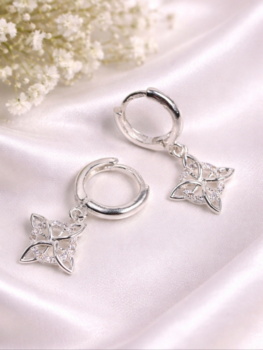 925 Sterling Silver Witch Knot Dangle Huggie Earrings 13mm CZ Protection Symbol